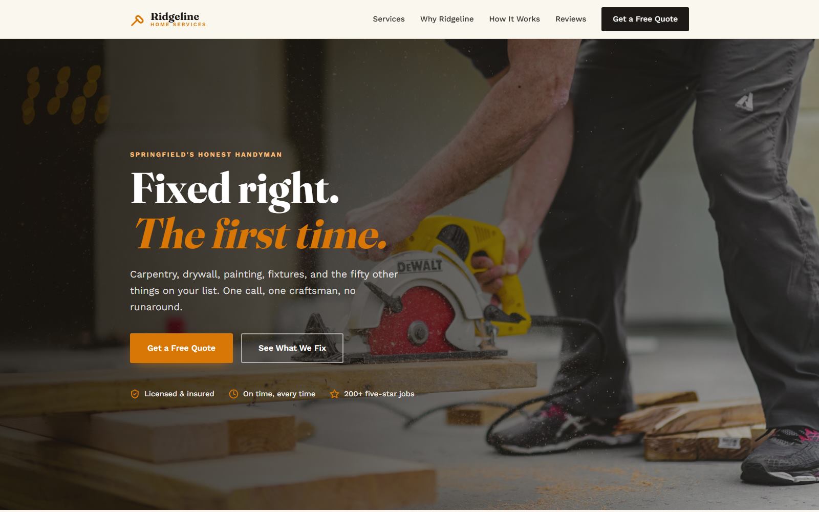 Ridgeline Home Services demo site — warm craftsman hero with bold amber call to action