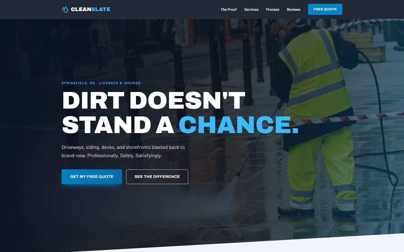 CleanSlate Pressure Washing demo site — bold dark hero with an interactive before-and-after slider